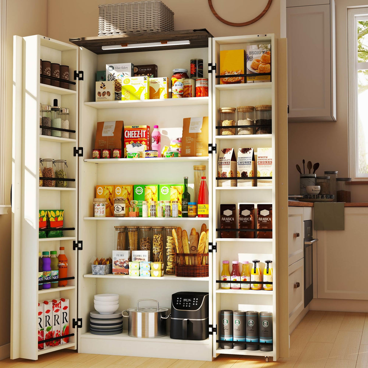 Vrmuxita Tall Kitchen Pantry Cabinet: Food Pantry Cabinets for Kitchen Storage, Off White Wood Storage Cabinet with 2 Doors, Farmhouse Cabinets with Freestanding Cupboard Vrmuxita