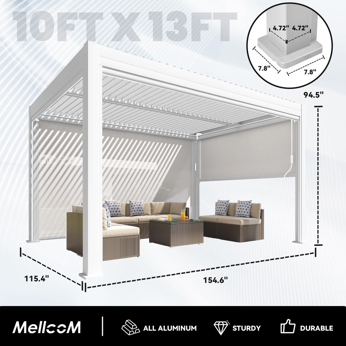 MELLCOM Motorized Louvered Pergola 10x13, Solar and Electric Powered with LED and 4 Side Screens, Aluminum Adjustable Louvered Roof for Outdoor Shelter, Weatherproof, White MELLCOM