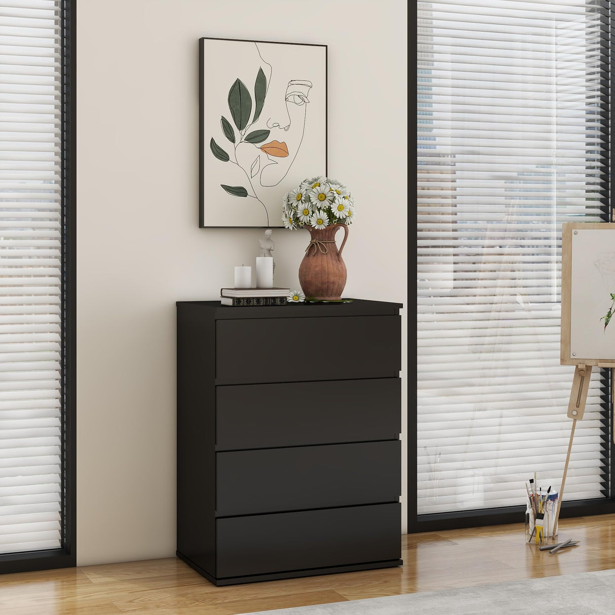 Modern Chest of Drawers, 4/5/6 Drawer Dresser Without Handles Floor Storage Drawer Cabinet Vertical Dresser Storage Organizer for Home Office (4 Drawers, Black) Panana