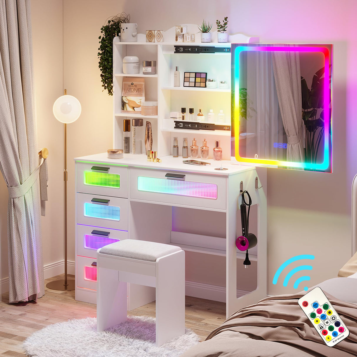 HNEBC Vanity Desk with Sliding Mirror and LED Lights, RGB Vanitys with Charging Station, Makeup Vanity with Remote Control, White Dresser with Stool/Lager Drawers for Bedroom (White) HNEBC
