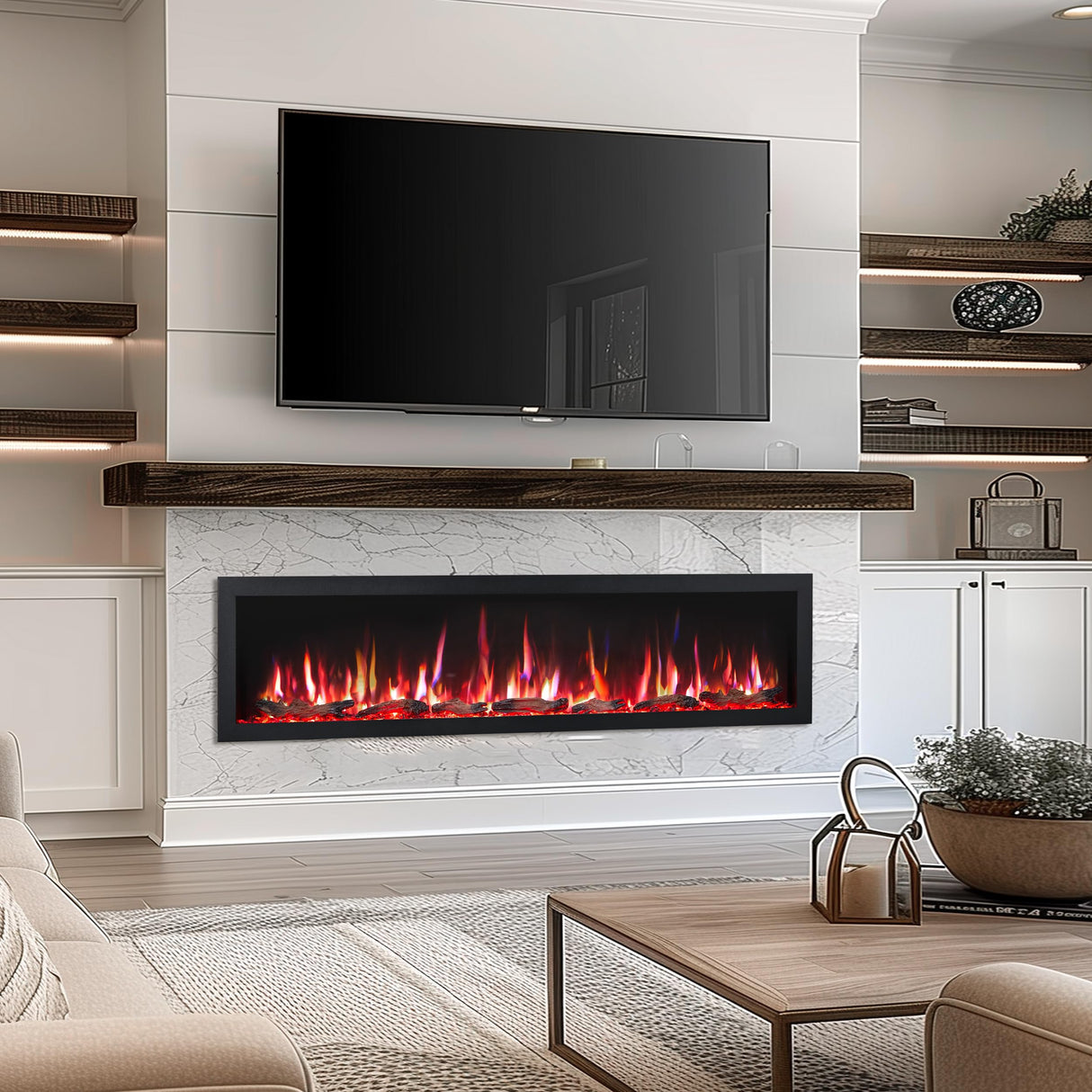 PuraFlame Bernice 72 Inch Smart Linear Electric Fireplace - Clean Hidden Vent Design, Flame with 9 Colors, Recessed in-Wall or Wall-Mount or Free Standing, Compatible with Alexa and Google Assistant PuraFlame
