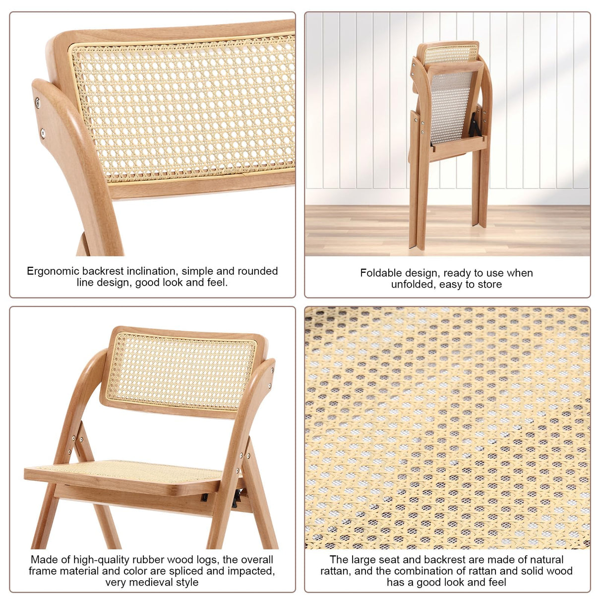 Bekrvio Folding Chair Solid Wood Rattan Chairs, Mid-Century Modern Rattan Dining Chairs with Cane Back Handmade for Living Room Bedroom, Garden Balcony, Office, No Assembly Required (Natural) Bekrvio