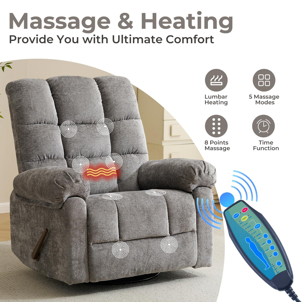 Rhevoy Swivel Rocker Recliner Chair with Heat and Massage, 26" Wide Oversized Rocker Recliner with Overstuffed Backrest,Swivel Glider Recliner for Living Room,Grey Rhevoy