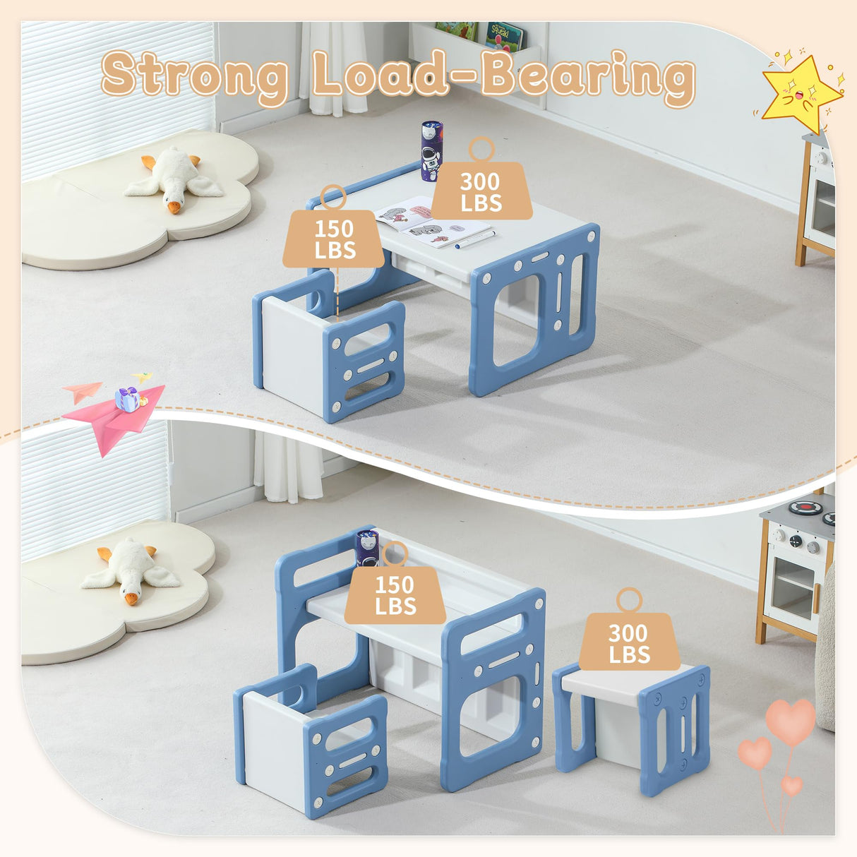 SINKIPA 3 in 1 Montessori Weaning Table and 2 Chairs Set, Kids Table and Chair Set, 2 Height Levels, Toddlers Activity Table for Drawing, Dining, Reading and Playing, Blue SINKIPA