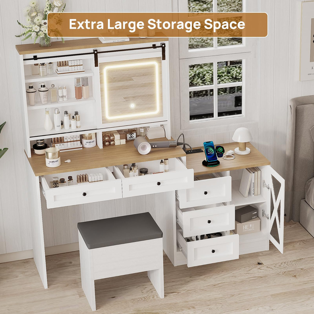 amzzar Farmhouse Vanity Desk with Sliding Lighted Mirror, White Makeup Vanity Table with Drawers and Side Storage, Large Dressing Table Vanity Set with Stool and Charging Station for Bedroom amzzar