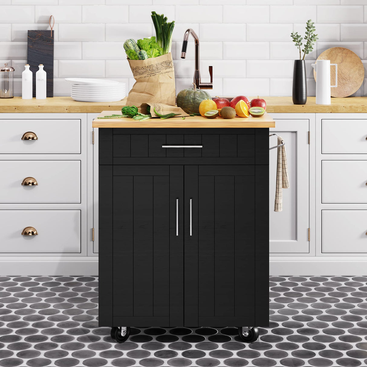 Shintenchi Kitchen Island Cart with Storage,Rolling Kitchen Island Side Table on Wheels with Worktop,Single Door Storage Cabinet and Drawer for Kitchen,Dinning Room, Black Shintenchi