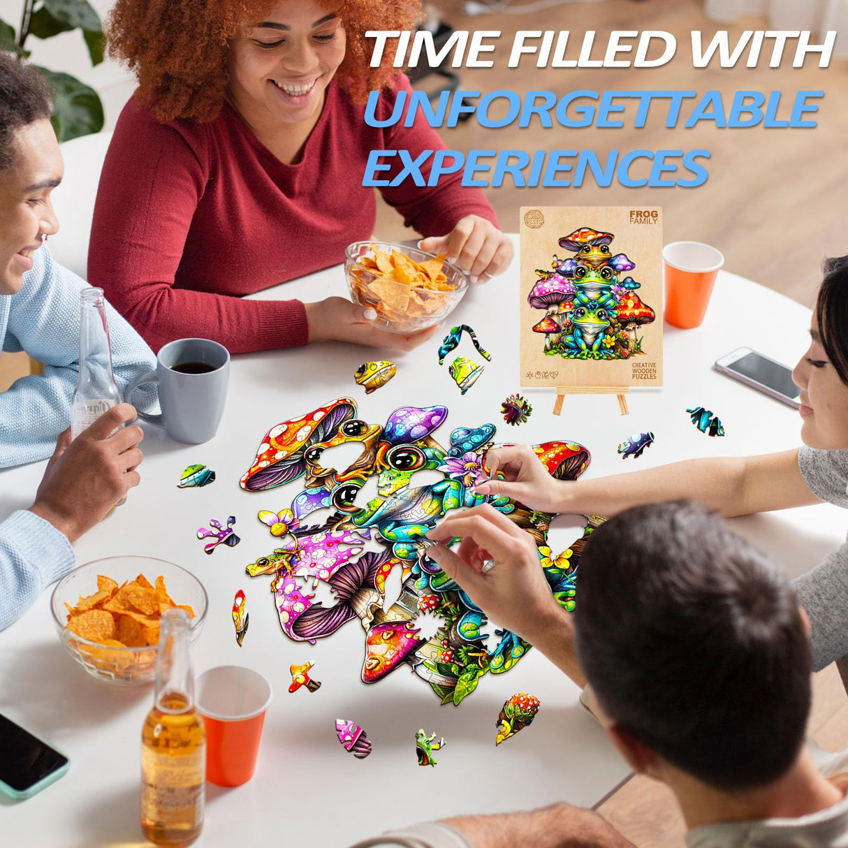 WOODBESTS Wooden Puzzle for Adults, Frog Family Puzzle (M, 190pcs, 11.4"x10.9") Beautiful Wooden Box, Wooden Jigsaw Puzzles Unique Shape, Birthday Gifts for Adults and Kids Family Game WOODBESTS