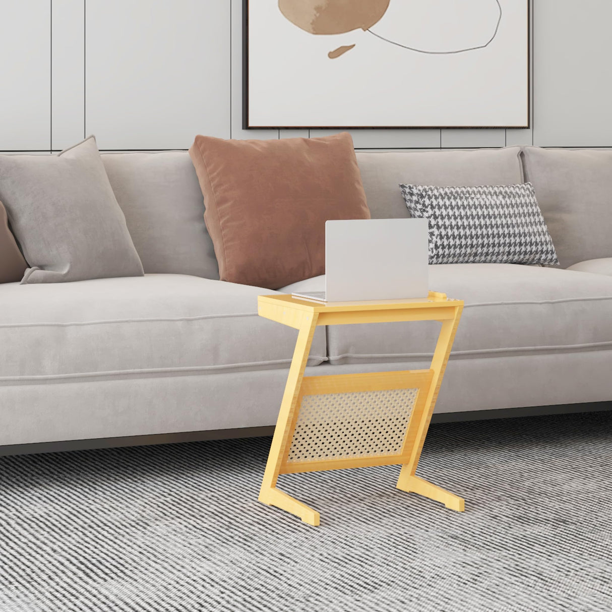 Rattan NightStand Side Table with Adjustable Board Z Shaped End Table for Couch Mid Century Modern Boho NightStand Side Table Bamboo Coffee Side Table for Living Room Bedroom Sofa Small Spaces Natural RKVPCNE