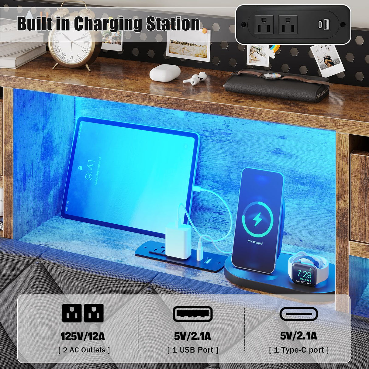 busyaeh King Size Bed Frame with Upholstered Storage Headboard, King Bed Frame with Smart LED Lights, Camas King Bed with Charging Station,Noise-Free, Metal Support, No Box Spring Needed, Gray busyaeh