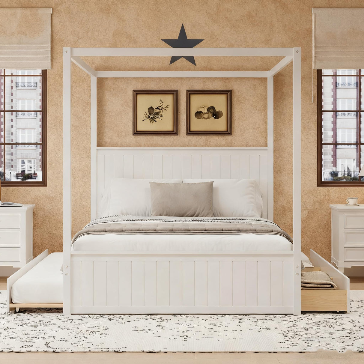 JIJIWANG Modern Queen Size Canopy Platform Bed with Trundle and Three Storage Drawers,4-Post Solid Wood Bed Frame with Headboard,No Box Spring Needed,White JIJIWANG