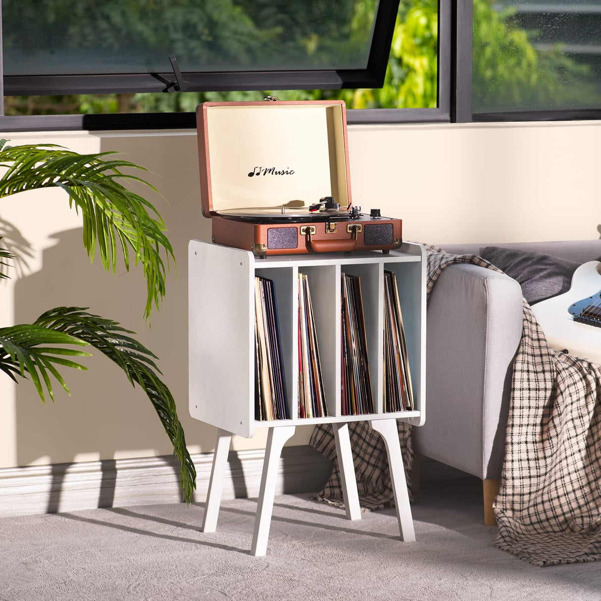 LELELINKY Record Player Stand,Vinyl Record Storage Table with 4 Cabinet Up to 100 Albums,Mid-Century Modern Turntable Stand with Wood Legs,White Vinyl Holder Display Shelf for Bedroom Living Room LELELINKY