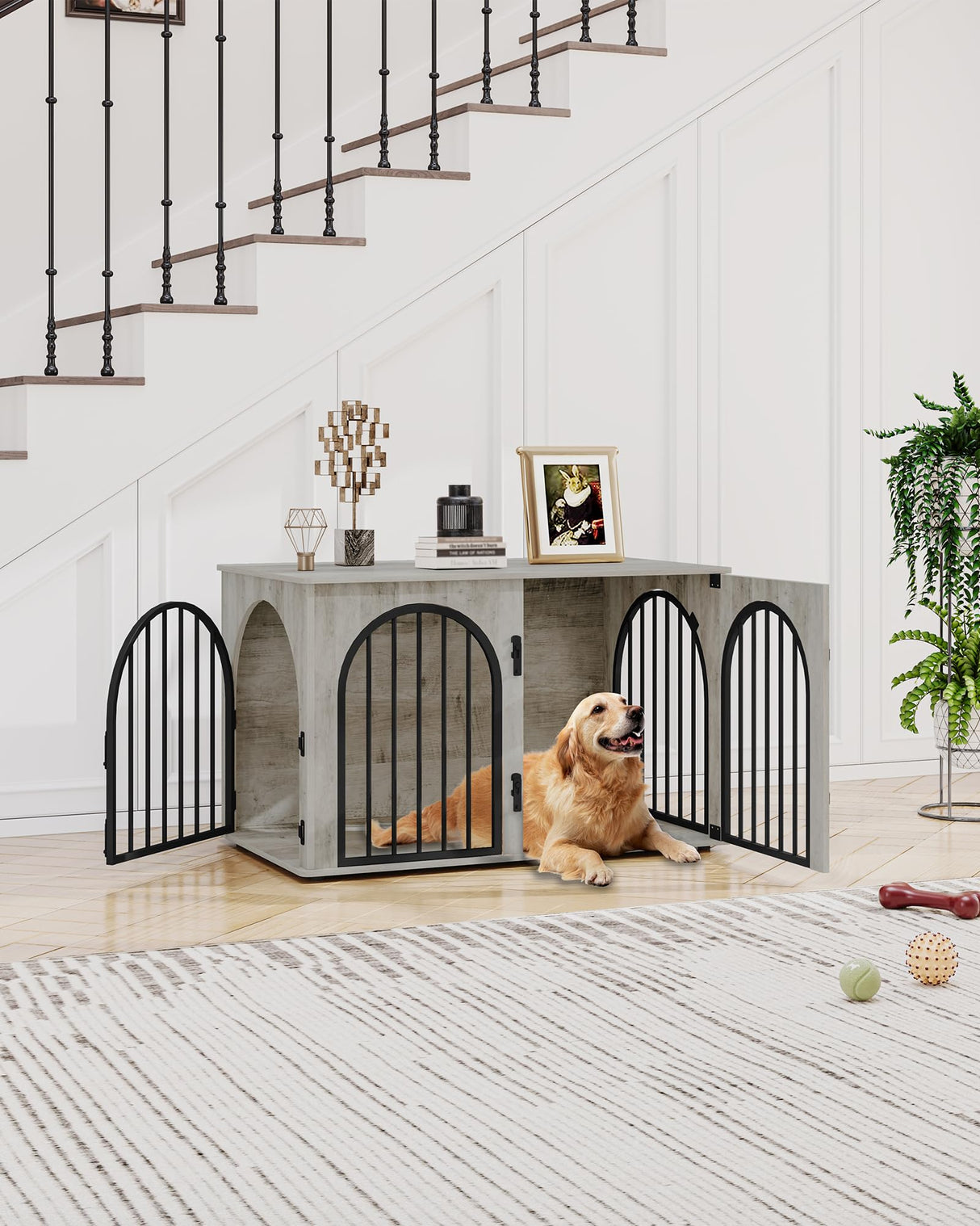 Hzuaneri 39.4'' Dog Crate Furniture, Dog Kennel Indoor Arched Door Design, Wooden Dog Crate Furniture for Small/Medium/Large Dog, Side Table, TV Stand, Anti-Chew, Anti-Escape, Greige Black Hzuaneri