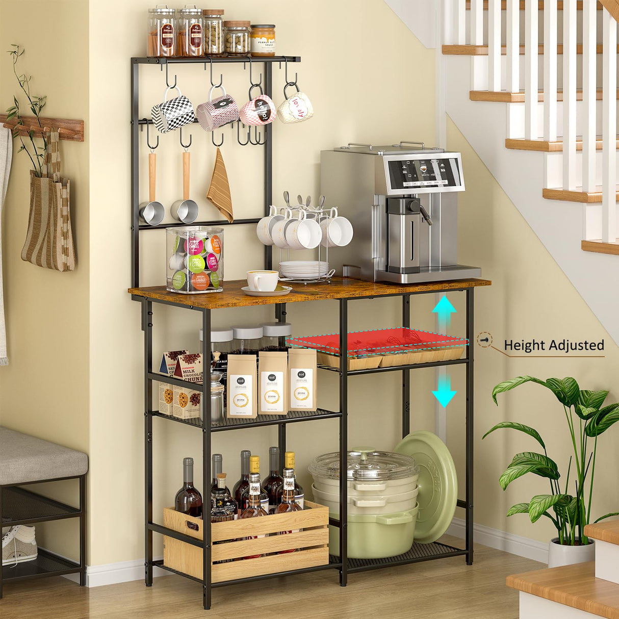 3IngSeagulls Baker's Rack for Kitchen with Storage, Microwave Stand with Adjustable Shelves, Kitchen Stand with 10 S Hooks, 6-Tier Coffee Bar Station, Kitchen Shelves for Spices, Pots, Rustic Brown 3IngSeagulls