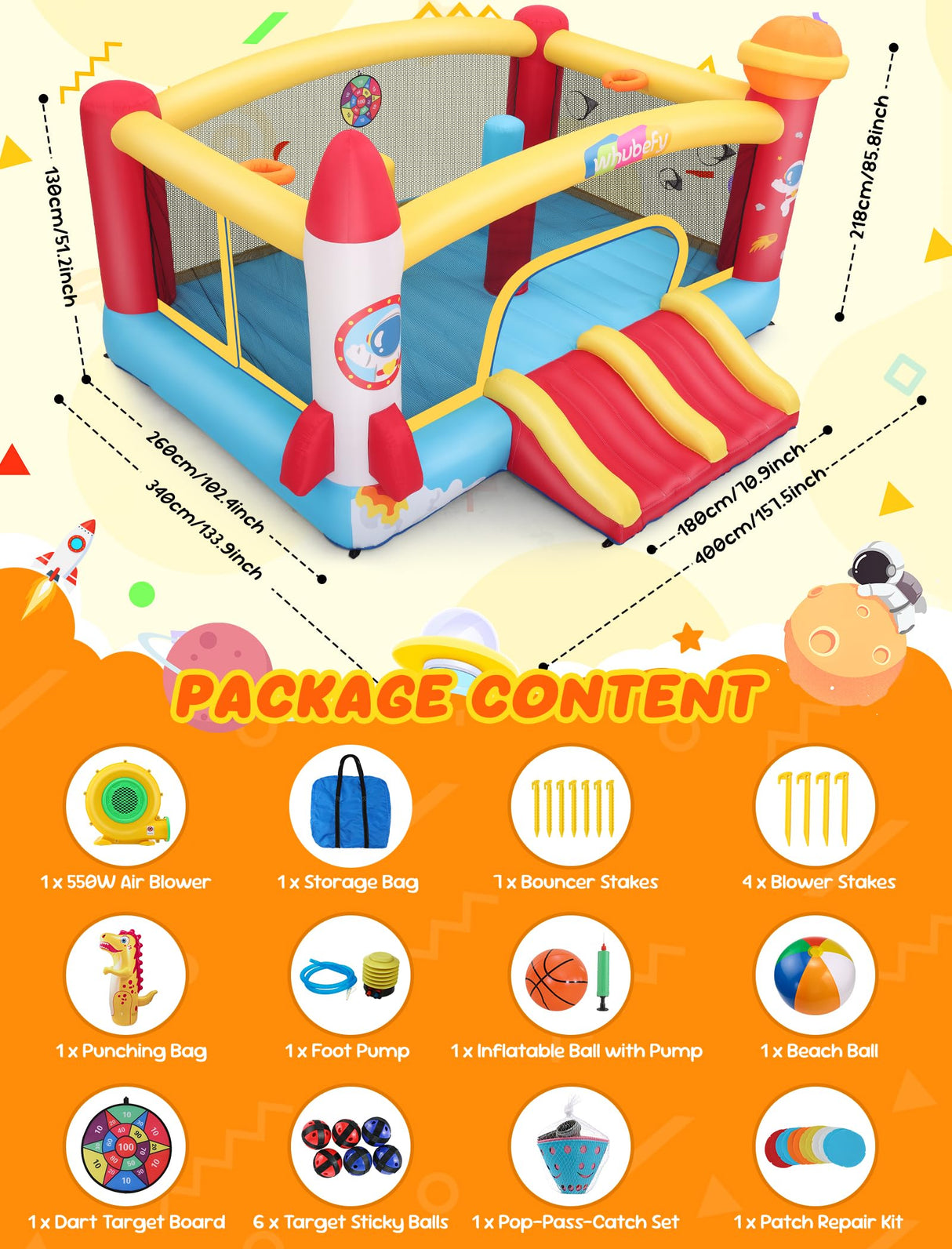 Whubefy Inflatable Bounce House for Big Kids 3-12 with Double Racing Slide & 3 Punching Bag Obstacle Course | Large Space Rocket Blow Up Bouncy Castle 13.1x11.2x7.1ft w/Blower, Indoor Outdoor Fun 8-12 Whubefy