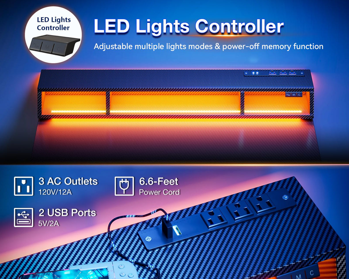 MOTPK 40 inch Gaming Desk with LED Lights & Power Outlets, Small Computer Gaming Table with Float Monitor Stand, Kids Boys Desk with Carbon Fiber Texture MOTPK