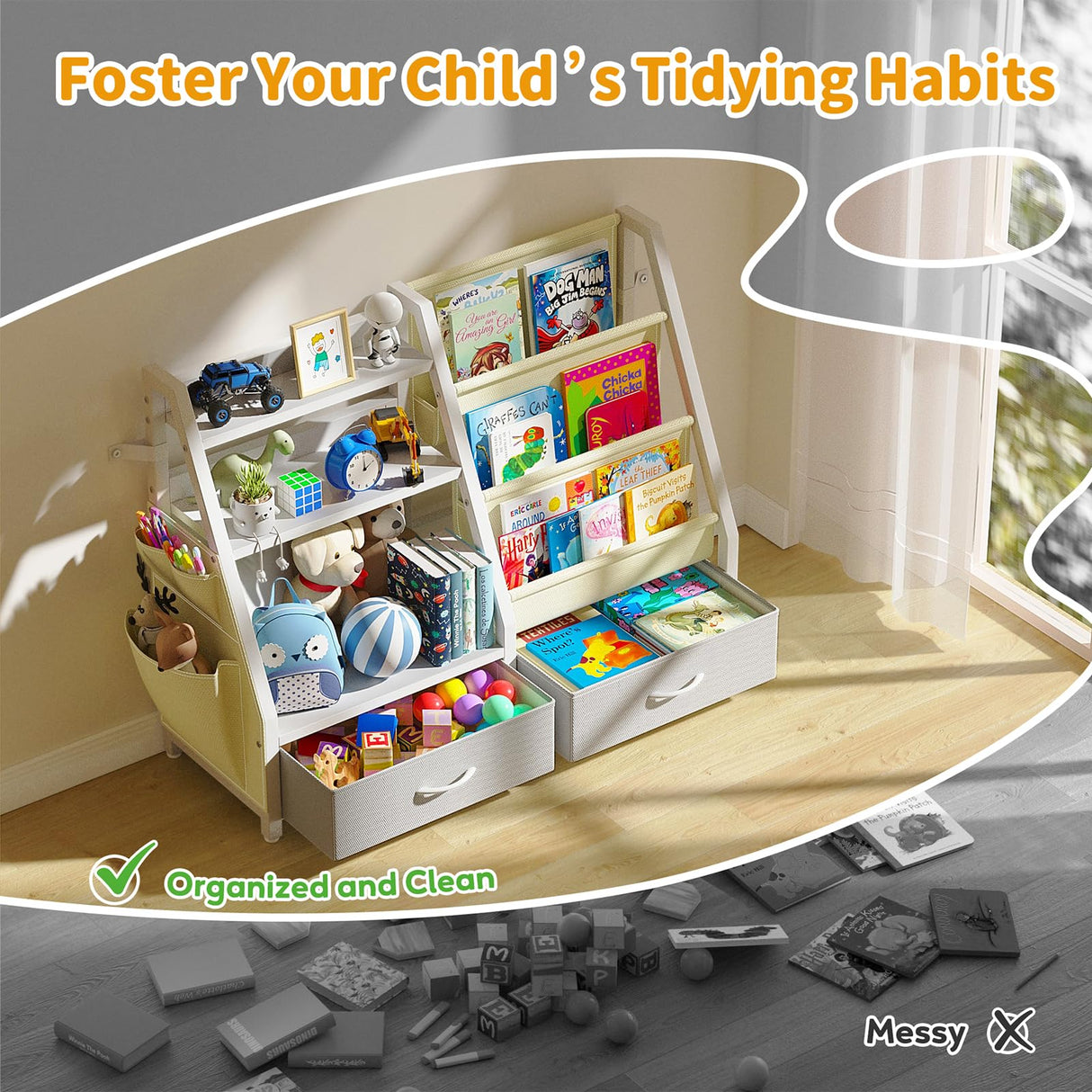 Twinkoo Kids Bookshelf and Toy Organizer, Sturdy 3 Tier Kids Bookcase, Sling Bookshelf and 2 Toy Bins, Toddler Montessori Book Shelf with Toy Storage Organizer for Children Room, Playroom, Nursery Twinkoo