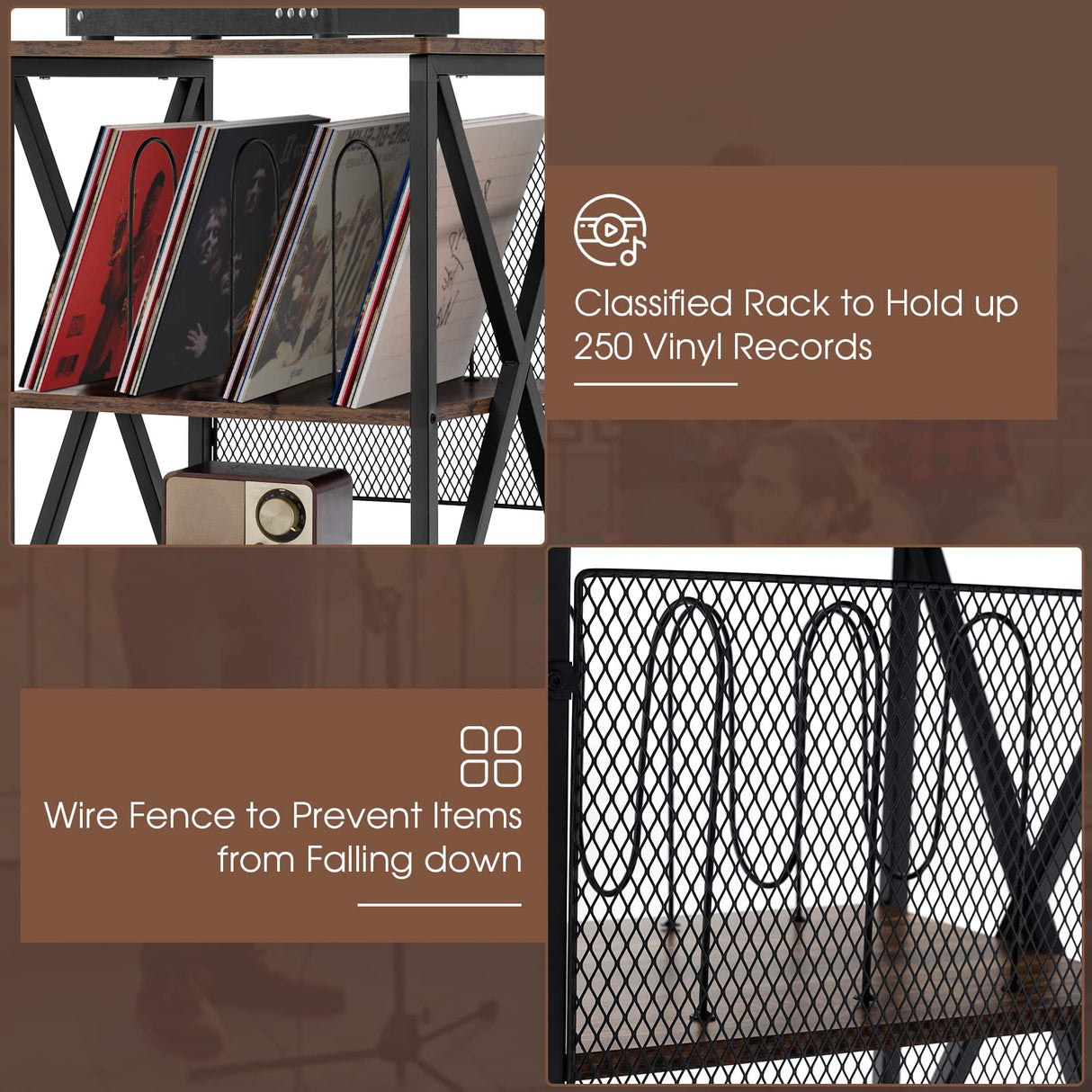 Giantex Record Player Stand, Vinyl Record Storage Table w/ 3 M-shaped Dividers & 4 Rolling Wheels, Turntable Stand Holds Up to 250 Albums for Living Room, Office, Rustic Brown Giantex