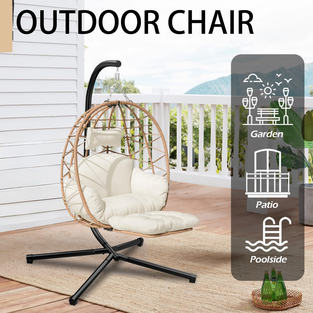 Indoor Outdoor Hanging Egg Chair with Stand & Leg Rest – Heavy-Duty Steel Frame, Handwoven Rattan Swing Chair for Patio, Garden, Bedroom – 350 lbs Capacity, Ergonomic Design (White) Nevsokio