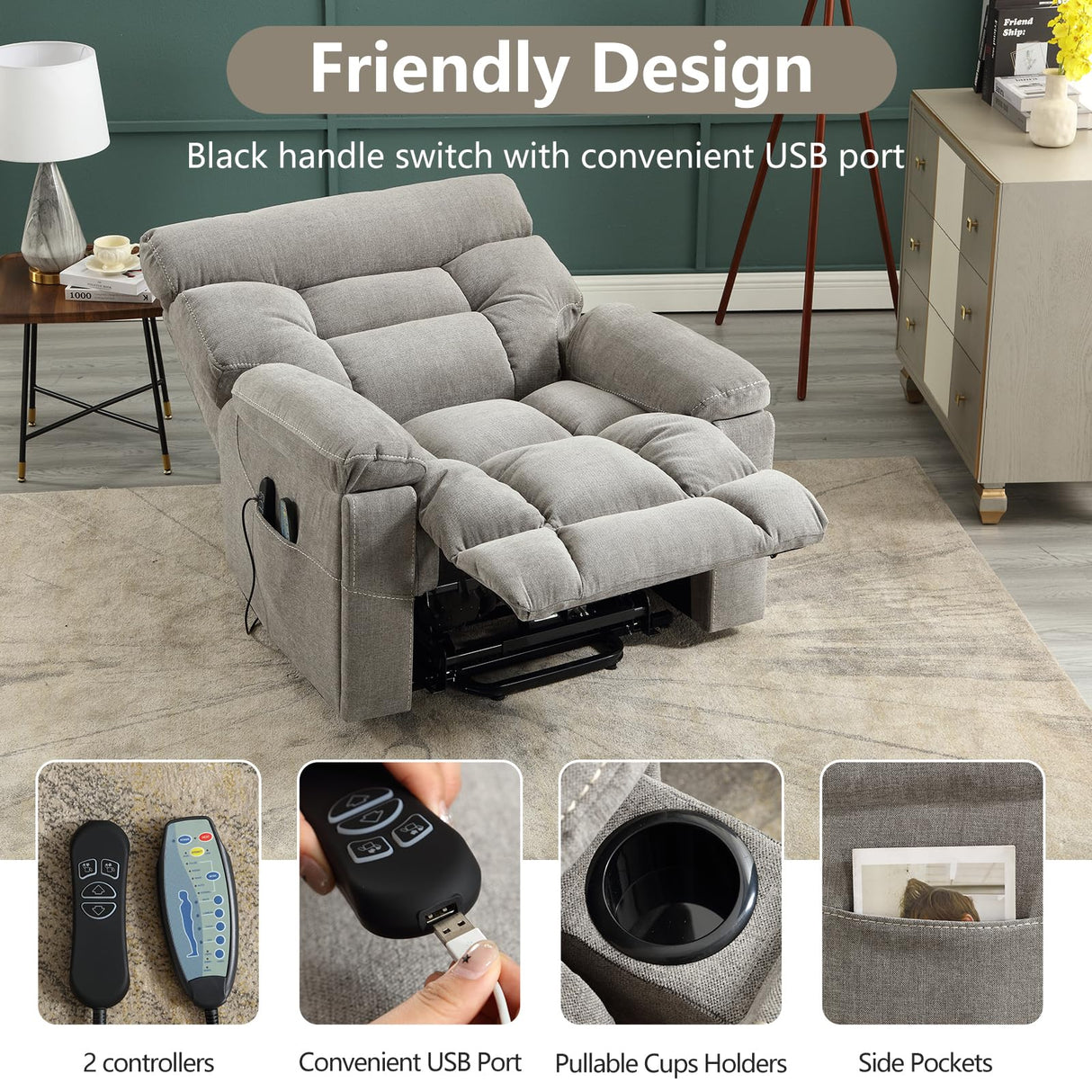 CANMOV Dual Motor Power Lift Recliner Chair for Elderly, 27" Extra-Wide Seat 450 lbs Weight Capacity Infinite Position Adjustment, with Heated Massage, Cup Holders and USB Port, Grey Fabric CANMOV