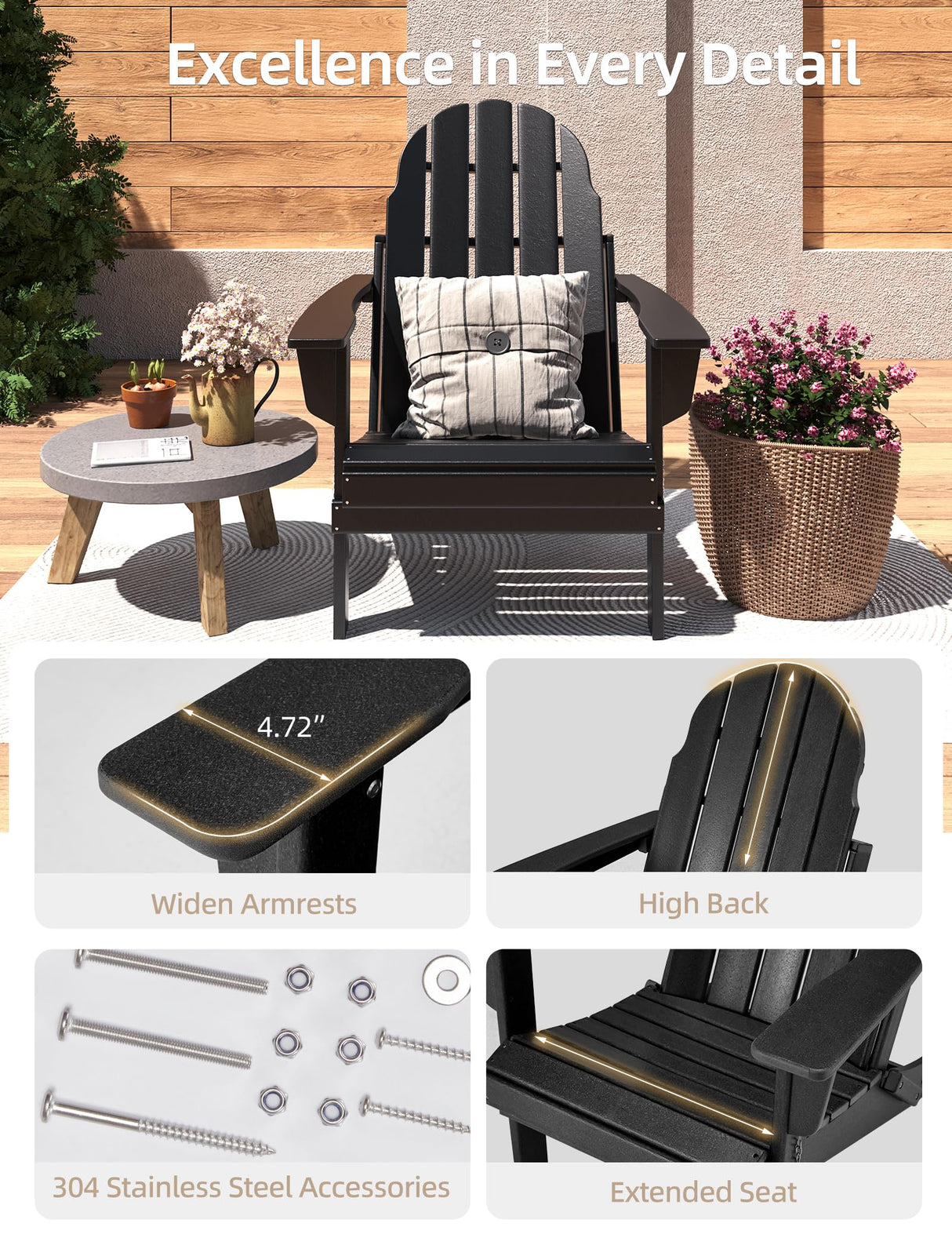 Folding Adirondack Chair - Durable HDPE Poly Lumber All-Weather Resistant, Foldable Oversized Balcony Porch Patio Outdoor Chair for Lawn, Backyard, Deck, Garden, Camping - Easy Installation, Black BUPPLEE