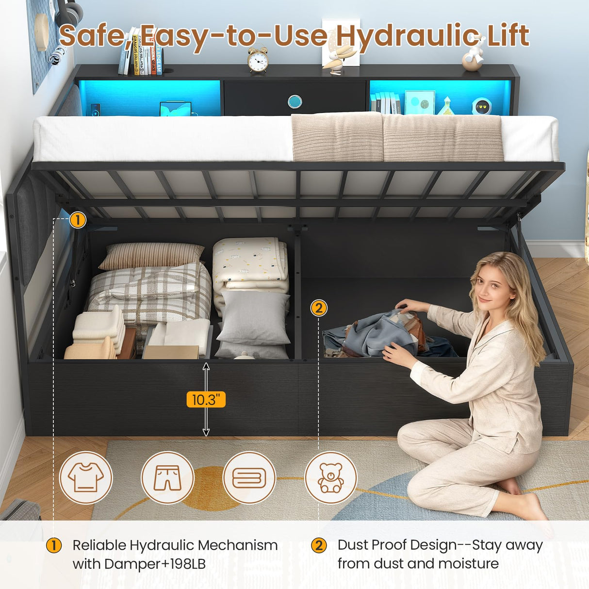 Hasuit Corner Full Lift Up Storage Bed Frame with Charging Station & LED Lights, Full Day Bed with Upholstered Headboard and Bookcase, Corner Beds with Hydraulic for Kids Teens Guests, Black Hasuit