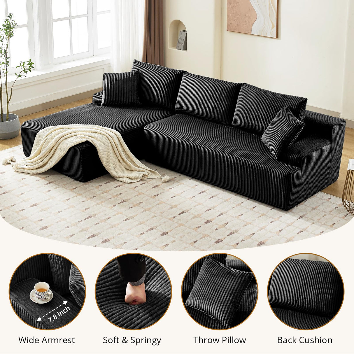 Cloud Couch with L-Shape Chaise 106 in Modern Sectional Modular Sofa with Deep Seat Corduroy Upholstered Boneless Couches for Living Room No Assembly Required Black GarveeLife