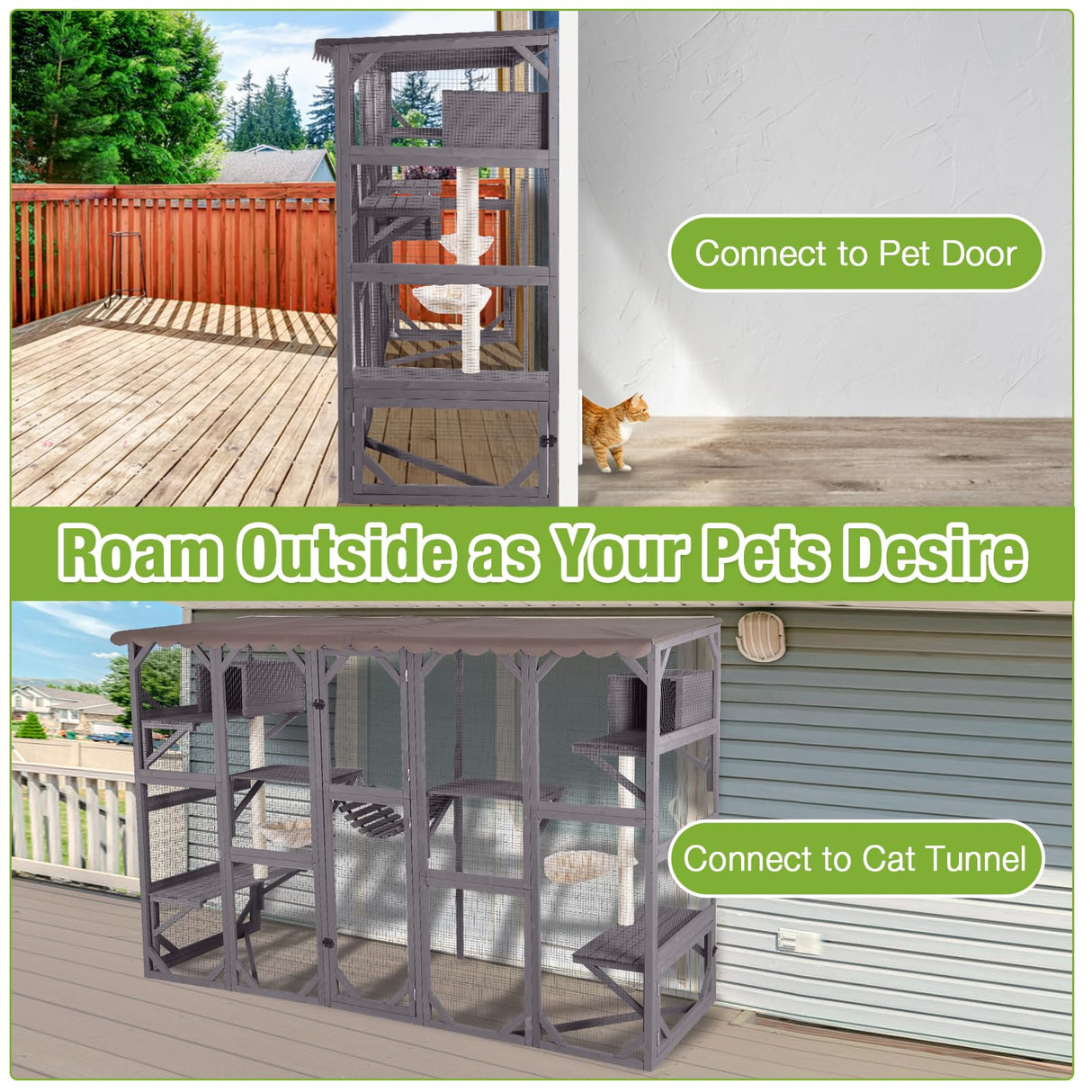 GUTINNEEN Extra-Large Catio, 104" Wall-Mounted Outdoor Cat Enclosure - Cat House Window Box Walk-in Cat Kennel Shelter with Weatherproof Roof, 2 Scratching Posts, 2 Hammocks & Bridge for 6-8 Cats GUTINNEEN