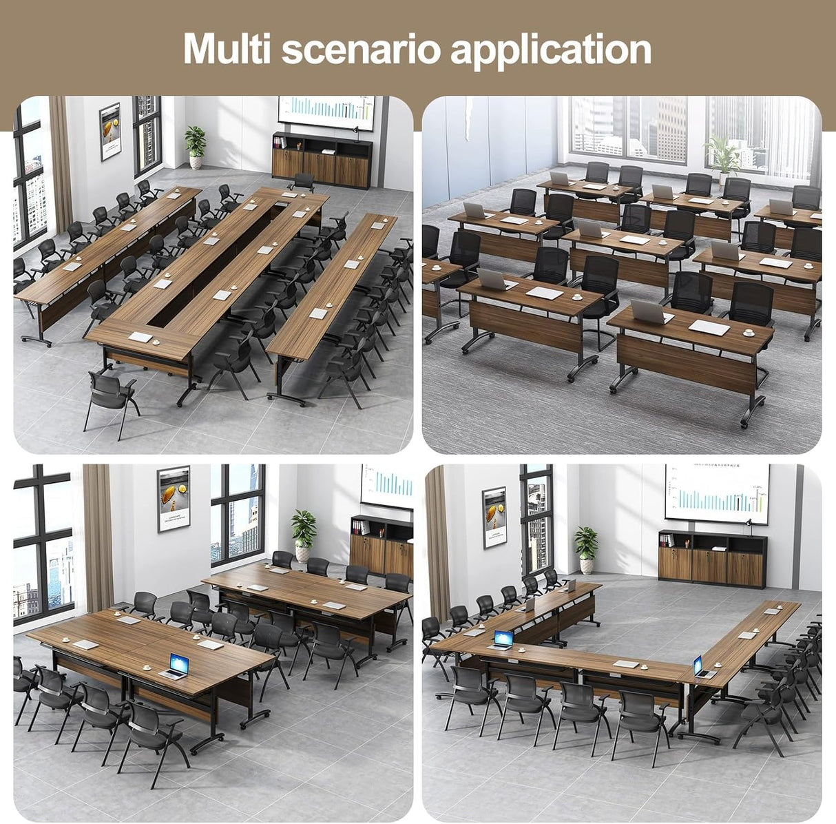 AKSOUDEW Conference Table, Folding Conference Room Tables with Flip-Top Design, with Caster Rectangular Modular Conference Room Table, for Office Conference Room Training Room (4Pcs 180cm/70.9in) AKSOUDEW
