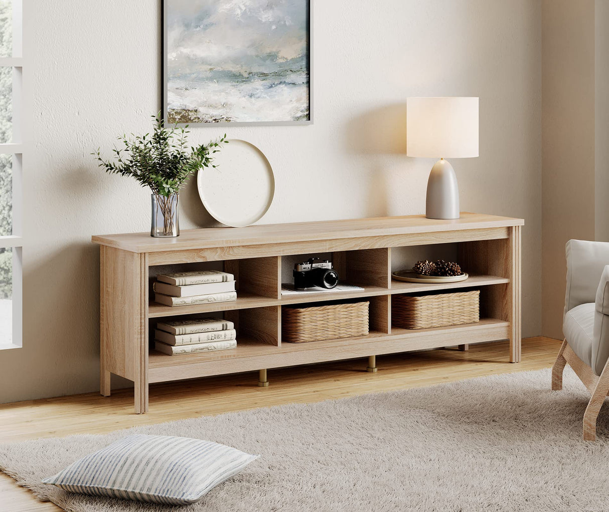 WAMPAT Farmhouse TV Stand for TVs up to 80 Inches, White Oak Entertainment Center for 75 inch TV Console Table with 6 Cubby Storage for Living Room Bedroom, 70'' WAMPAT