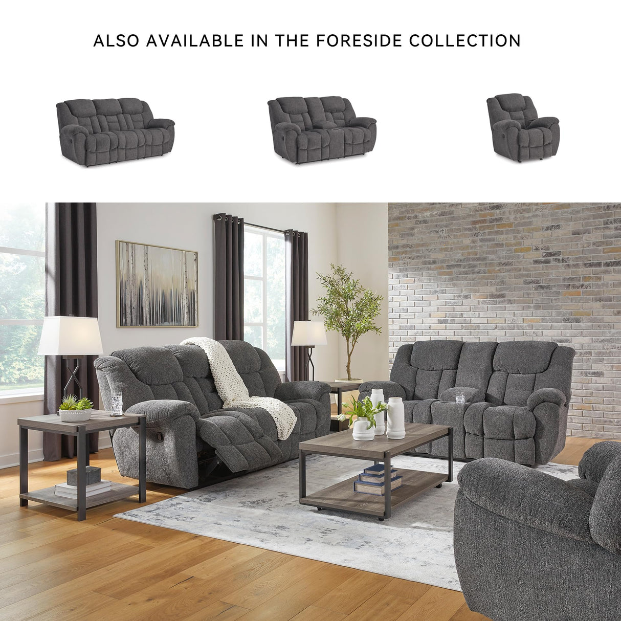 Signature Design by Ashley Foreside Contemporary Stain Resistant Manual Double Reclining Loveseat with Console, Storage and Cup Holders, Gray Signature Design by Ashley
