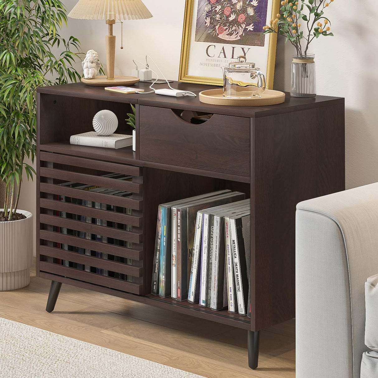 Lisicues Record Player Stand, Vinyl Record Cabinet with Power Outlet Holds Up to 200 Albums, Turntable Stand Table, Fluted Sliding Door, Living Room(Walnut) Lisicues