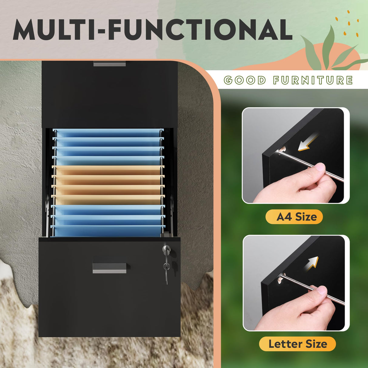 DEVAISE 4 Drawer File Cabinet with Lock, Vertical Filing Cabinet for A4/Letter Size Files, Wood Storage Cabinet for Home Office, Black DEVAISE