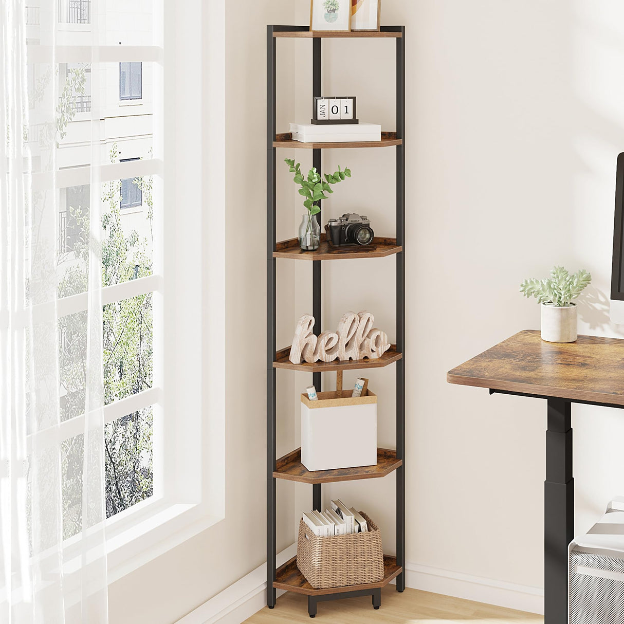Hzuaneri Corner Shelf Stand, Corner Bookshelf, Storage Standing Shelf Unit with Metal Frame, Plant Stand, Corner Bookcase for Living Room, Home Office, Bedroom, 6-Tier Rustic Brown CS06001B Hzuaneri
