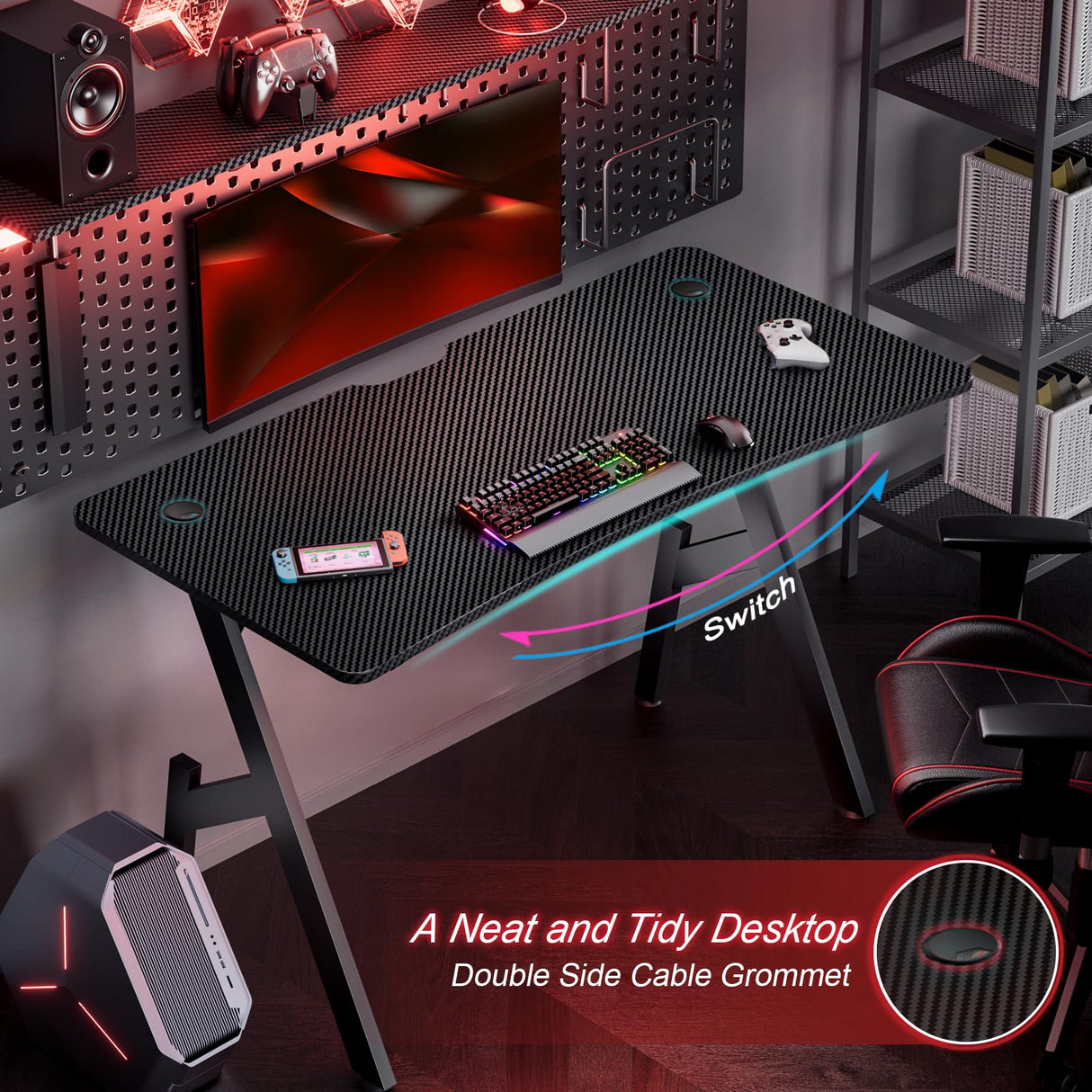 HLDIRECT 47 Inch Gaming Desk with Carbon Fibre Surface, Large Computer Desk Gaming Table, Ergonomic Pc Gaming Workstation Home Office Desks with Cup Holder & Headphone Hook HLDIRECT