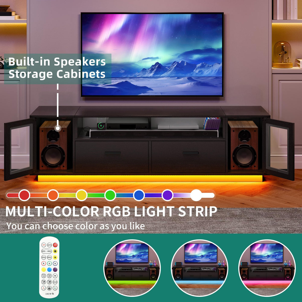 YITAHOME TV Stands for Living Room, Modern TV Stand for 65/70 inch TV, LED TV Entertainment Center with Storage & Power Outlets, TV Console Cabinet, Black YITAHOME