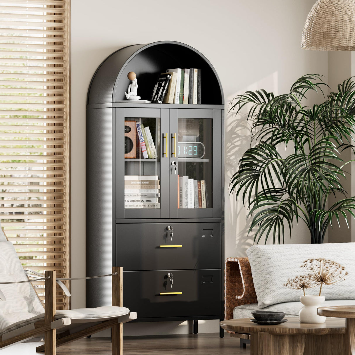 GangMei 2 Drawer Lateral File Cabinets for Home Office, 73 inch Tall Metal Arch Cabinet with Locking Glass Doors, Black Arched Bookcase with Drawers for A4/Letter/Legal File(Assemble Required) GangMei