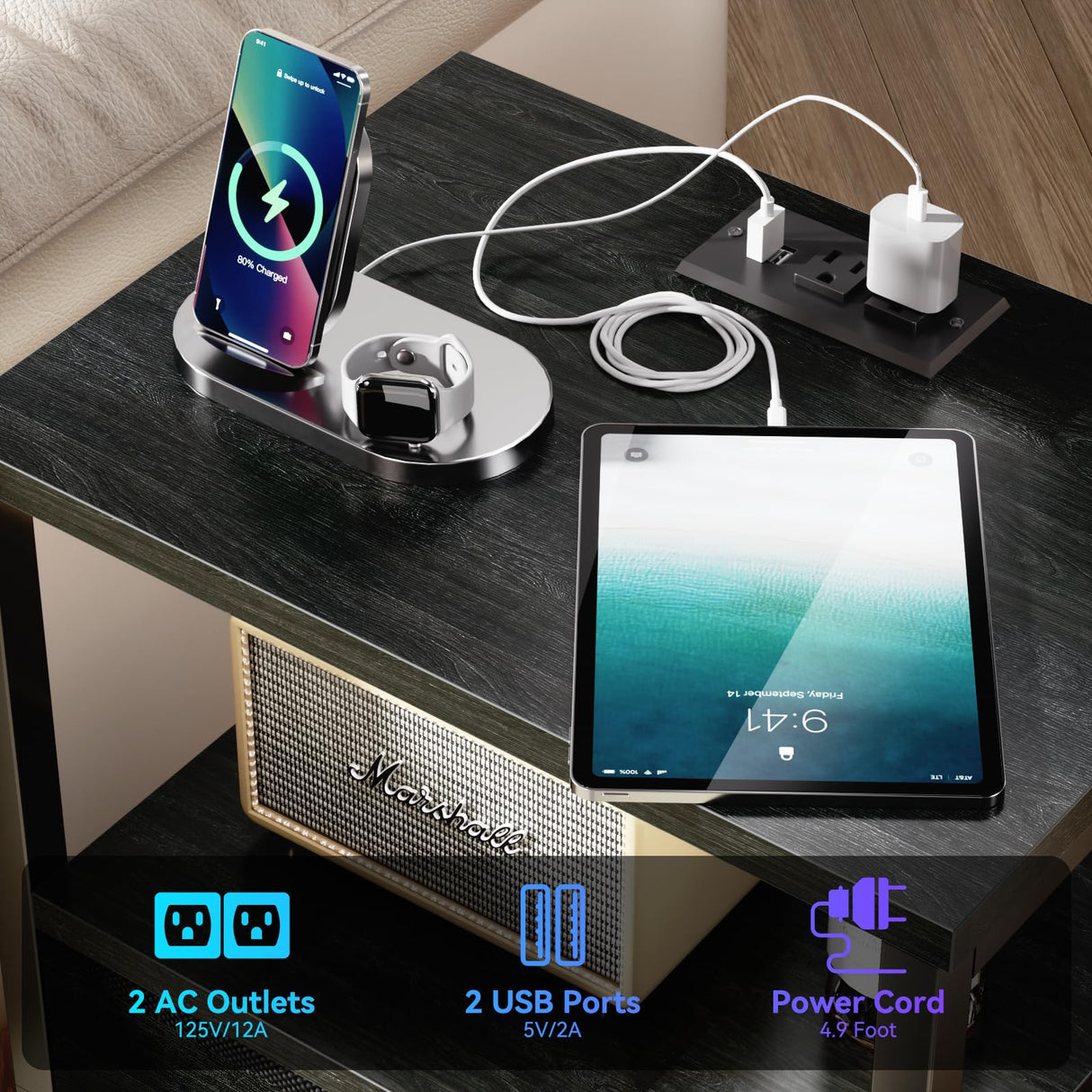 Furologee Nightstands with Charging Station, End Table with LED Lights, Black Night Stands with 2 Fabric Drawers, Bedside Tables with Shelves for Living Room/Bedroom,Black Oak Furologee