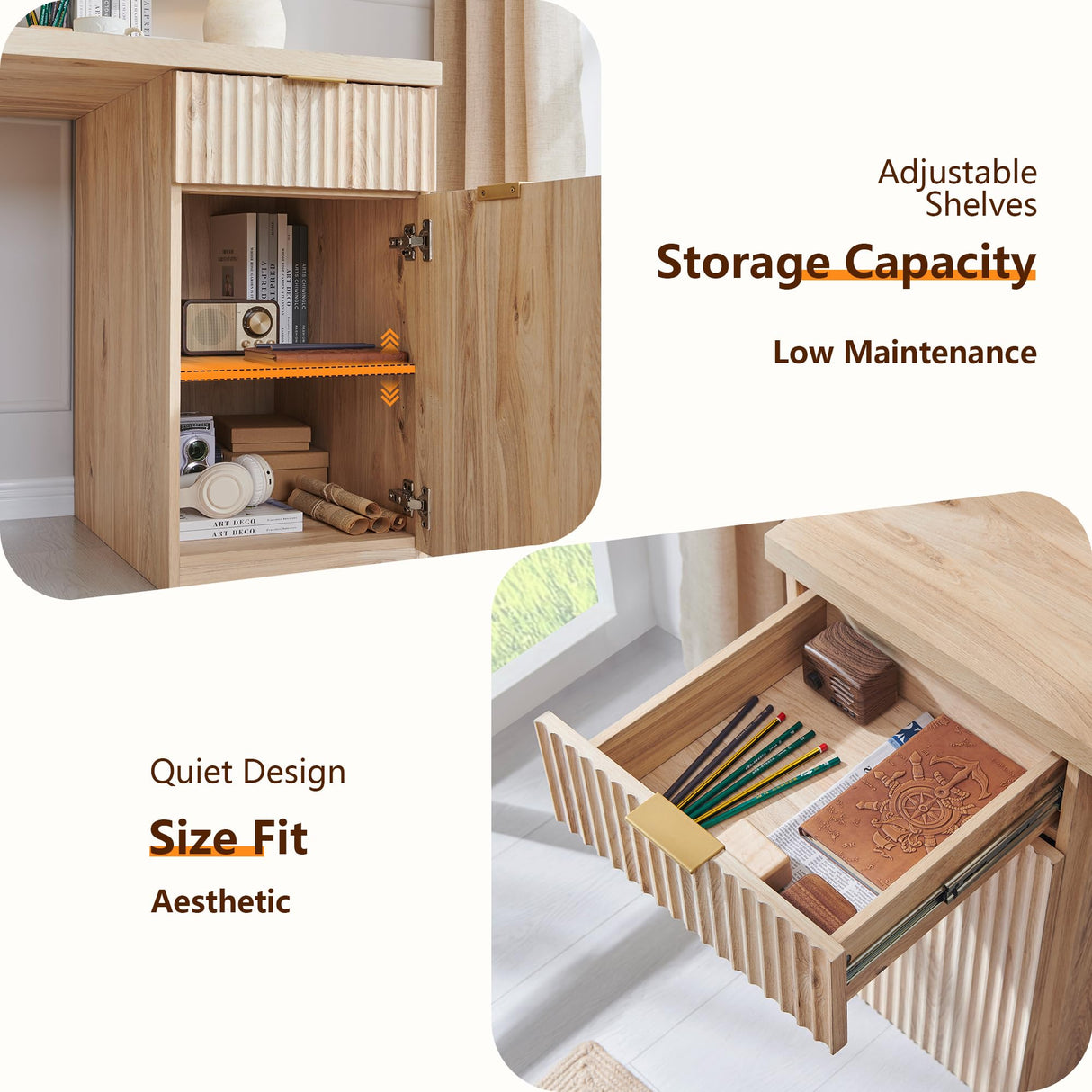 JXQTLINGMU 60" Modern Executive Desk with Storage, Wood Home Office Desk with Drawer & Cabinet, Fluted Computer Writing Desk for Study, Living Room, Bedroom, Antique White JXQTLINGMU