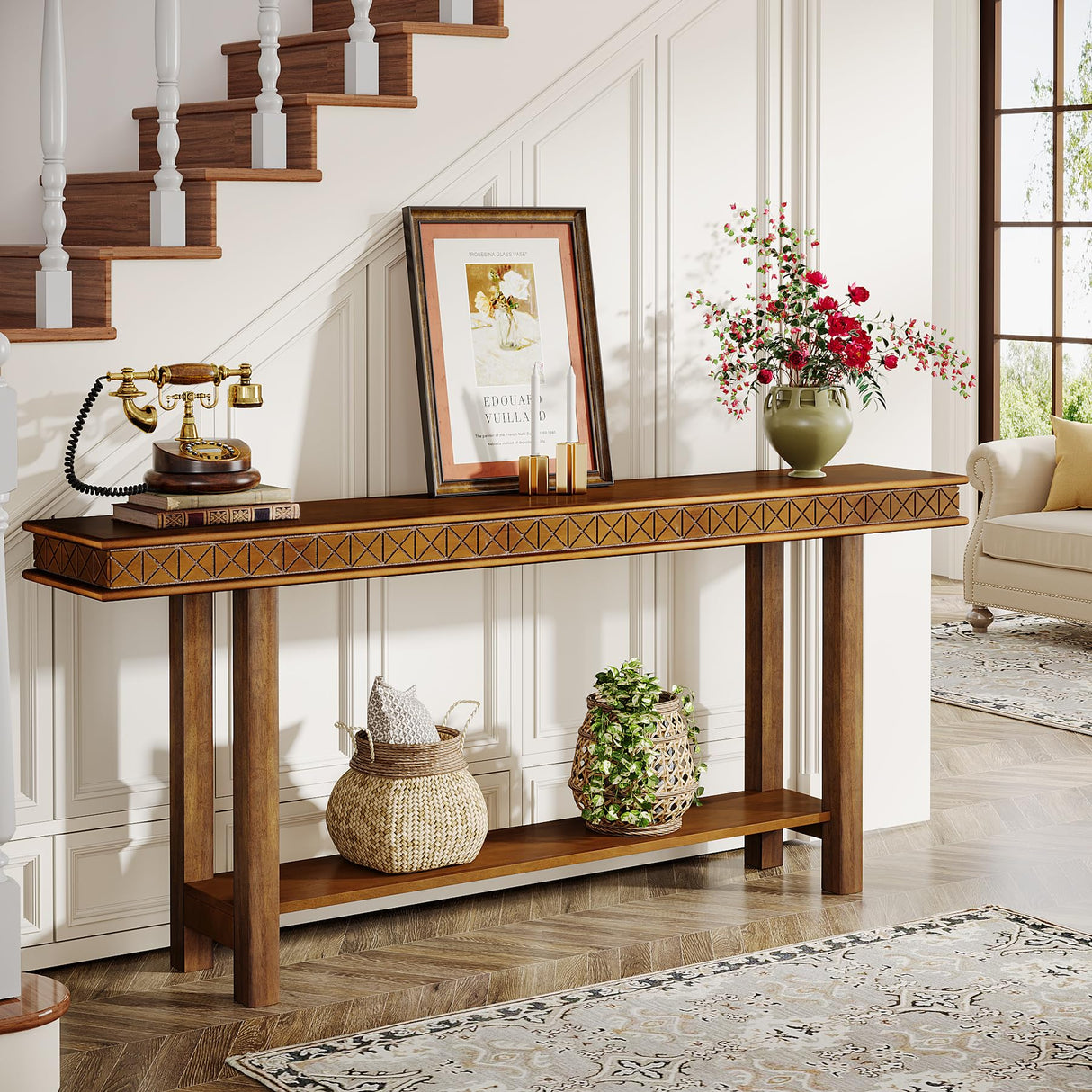 Tribesigns 70.9-Inch Solid Wood Extra Long Console Table, Wood Sofa Table Behind Couch Narrow Long, 2-Tier Entryway Accent Table with Storage for Living Room, Hallway, Entrance, Foyer, Rustic Brown Tribesigns