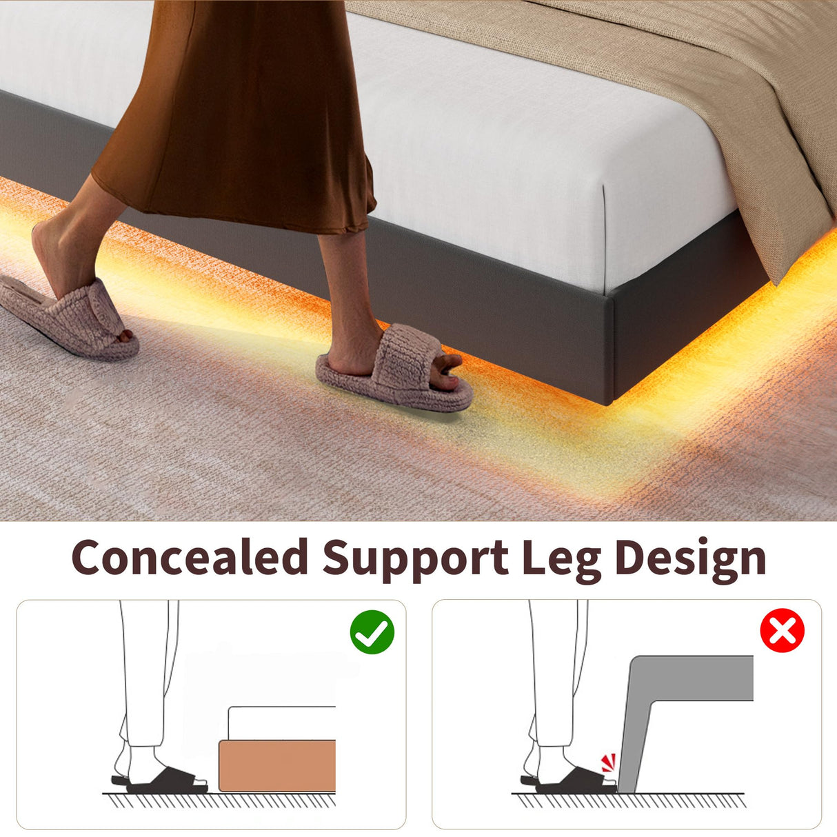 GarveeHome King Floating Bed Frame with LED Lights & Charging Station, Upholstered Platform Beds with Storage Headboard & Folding Shelves Storage, Metal Slats Support, No Box Spring Needed, Black GarveeHome