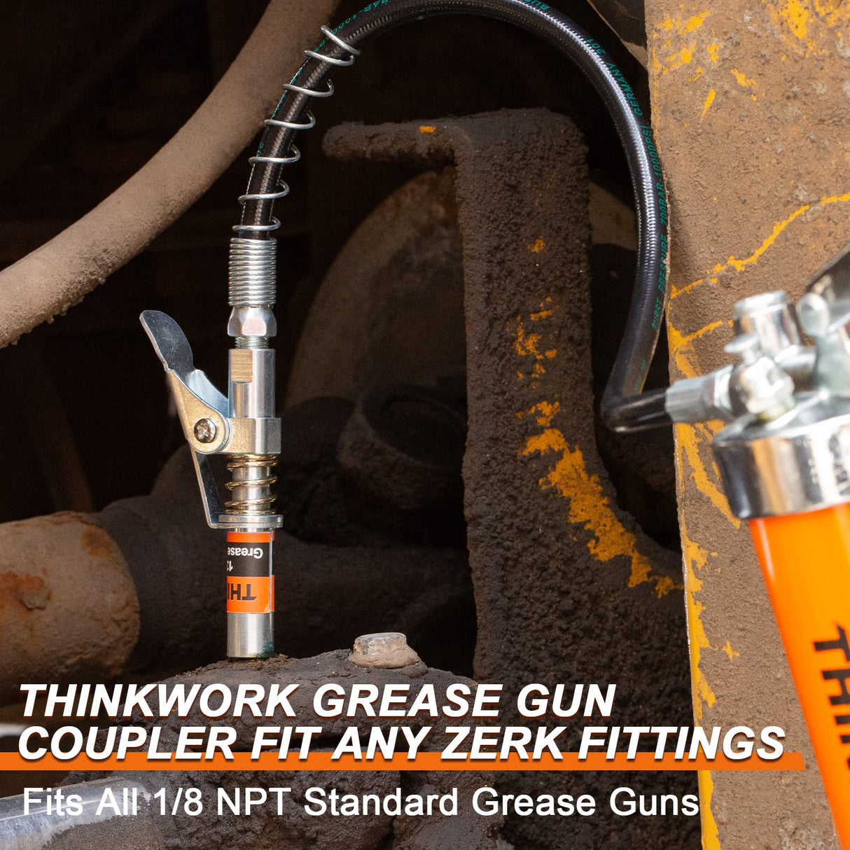 THINKWORK Grease Gun Coupler Set, Strong Lock on Greases Gun Couplers with 90° Grease Coupler Adaptor,12000 PSI Quick Release Grease Coupler Compatible with All Grease Guns 1/8" NPT Grease Gun Fitting THINKWORK