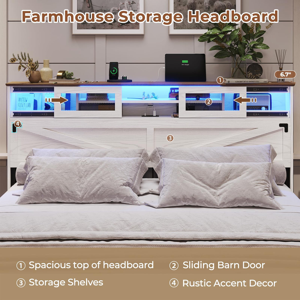 Hasuit Queen Size Farmhouse Bed Frame with Bookcase Headboard, LED Lights, Charging Station, and 2 Drawers in White Hasuit