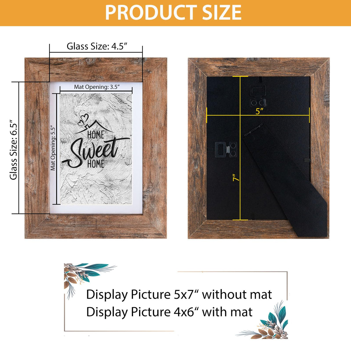 Califortree Rustic Brown 5x7 Picture Frame - Display Photos 4x6 with Mat or 5x7 Without Mat - HD Glass Inside, Wall and Tabletop - Set of 2 Califortree