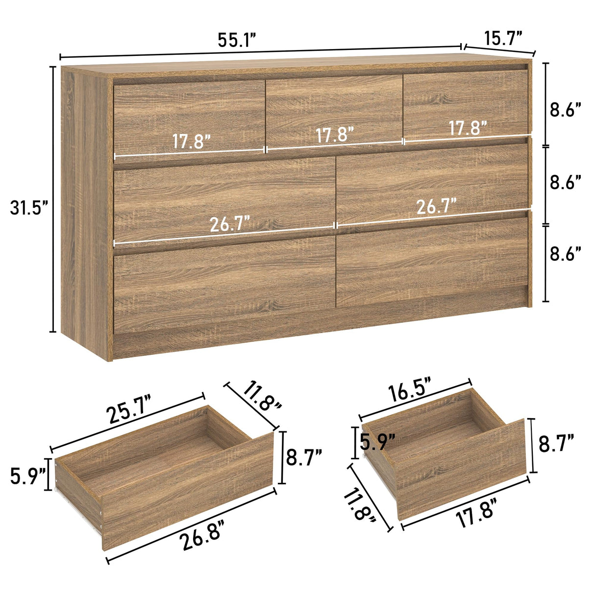 Farmhouse Malm Dresser for Bedroom, 55 Inch Long Dresser with 7 Drawers, Modern Large Wood Chest of Drawer Handle Free, Dresser for Kids Bedroom, Living Room, Entryway, Hallway, Oak jiteentarou