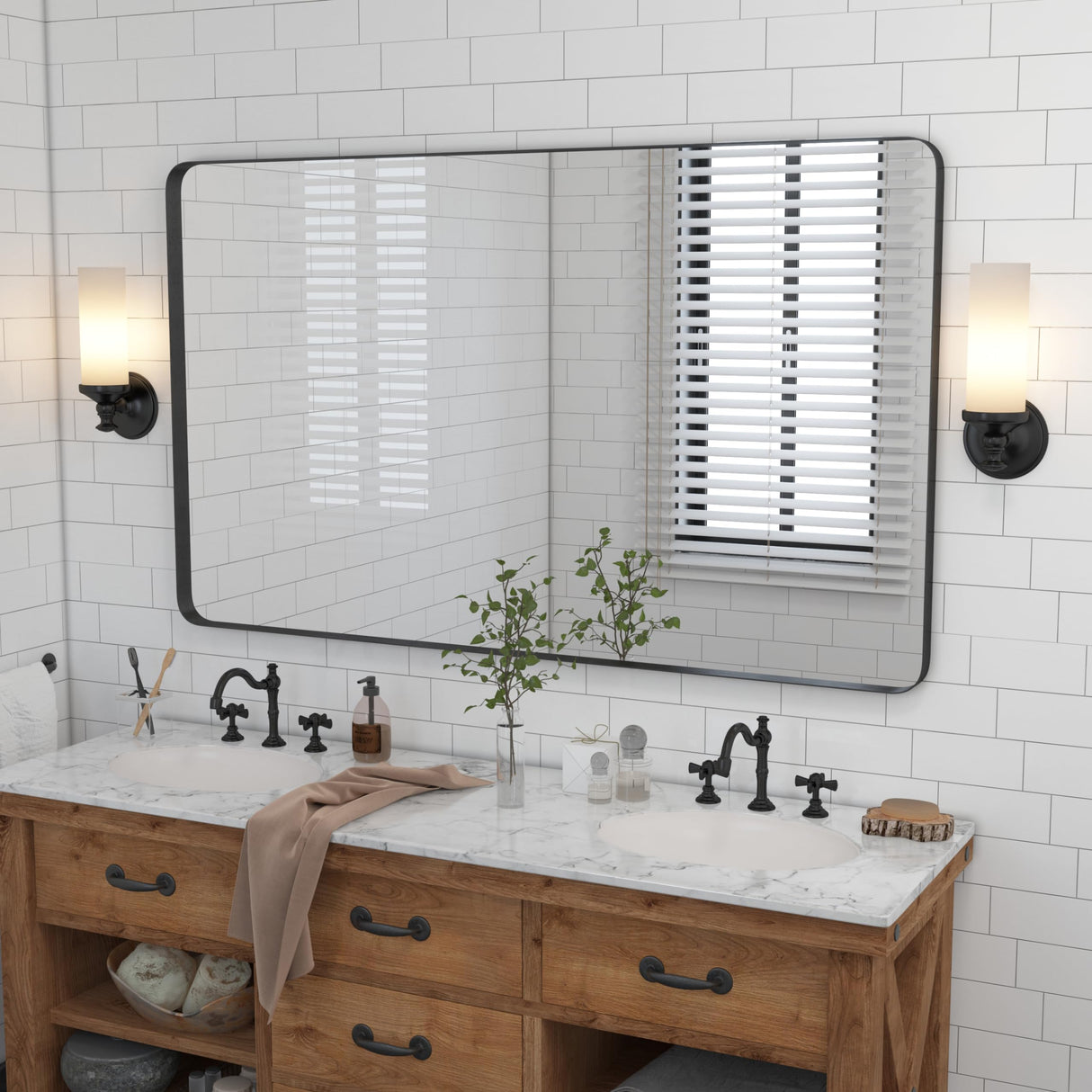 VocalStar 55 x 36 Inch Black Bathroom Mirror for Wall, Large Rounded Rectangle Metal Framed Bathroom Wall Vanity Mirror Farmhouse, 1/4-inch Shatterproof Glass | Ultra-Flush Hanging VocalStar