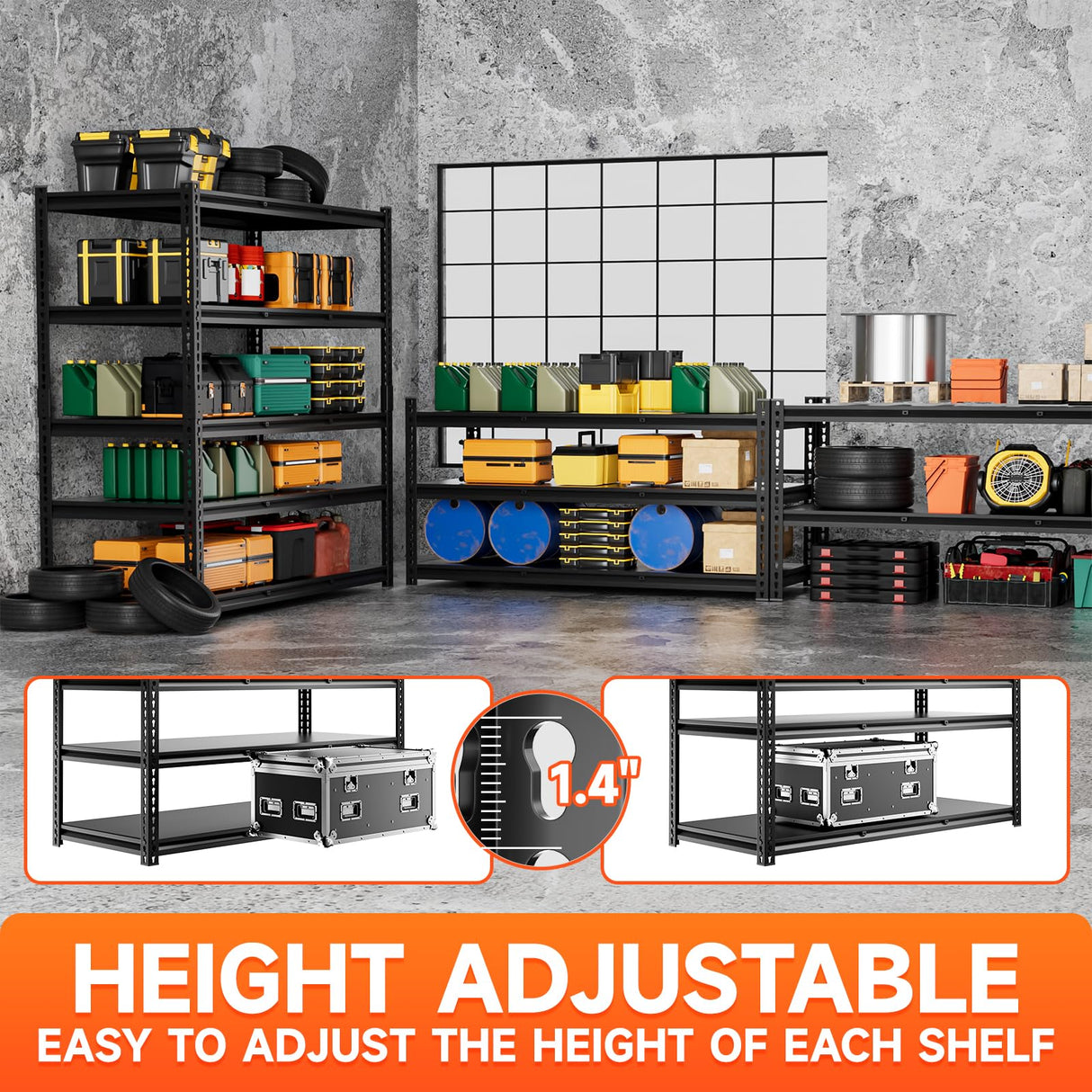 cynnda 5 Tier 60”D X 24”W X 78”H Garage Shelves Heavy Duty 3000LBS Adjustable Metal Storage Shelves for Garages Shops and Basements (Black) cynnda