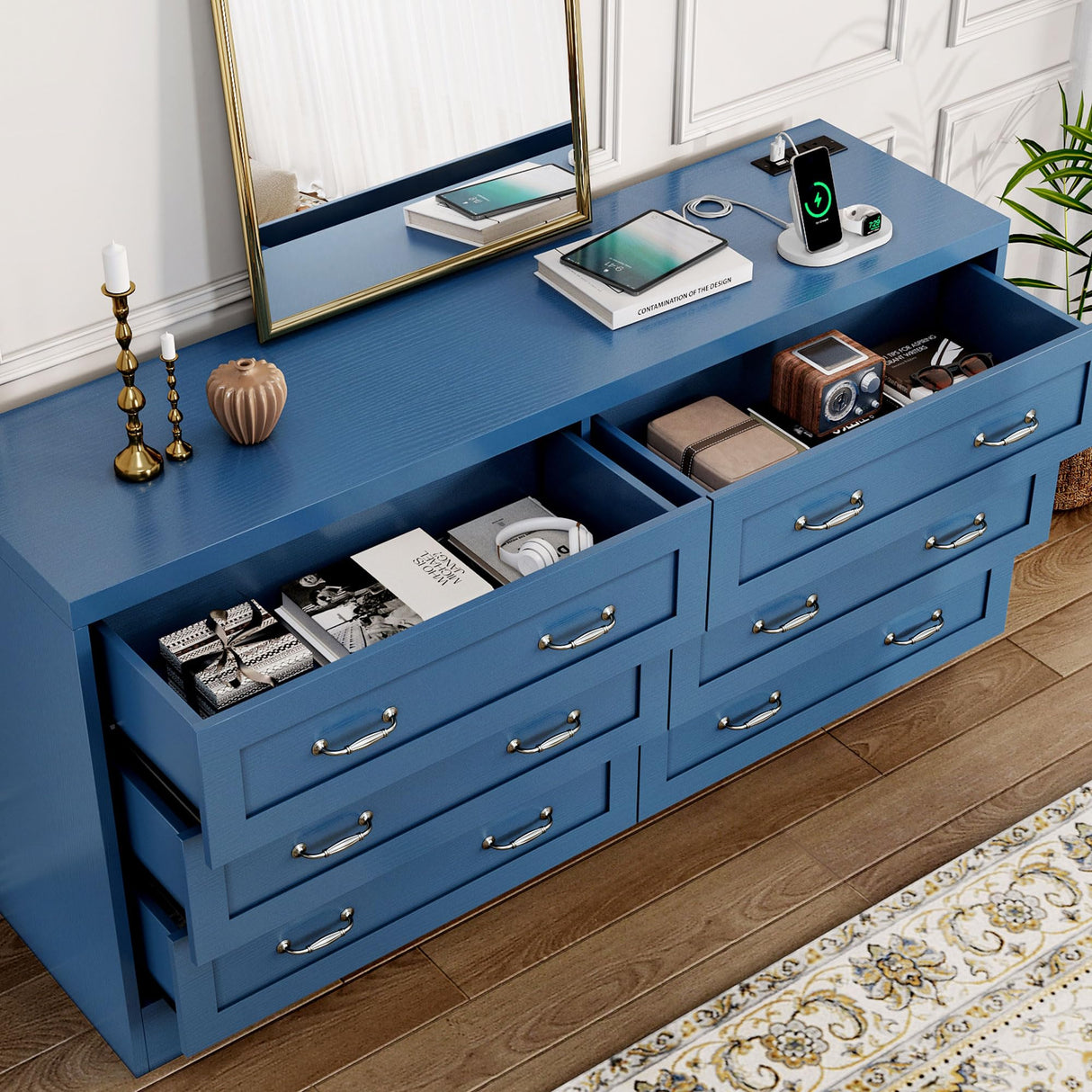 DWVO Farmhouse 6 Drawer Dresser for Bedroom, 31.5 Inch Tall Modern Dresser TV Stand with Large Drawers & Bar Handles, Storage Dressers with Power Outlets, Rustic Wood Chest of Drawers, Blue DWVO