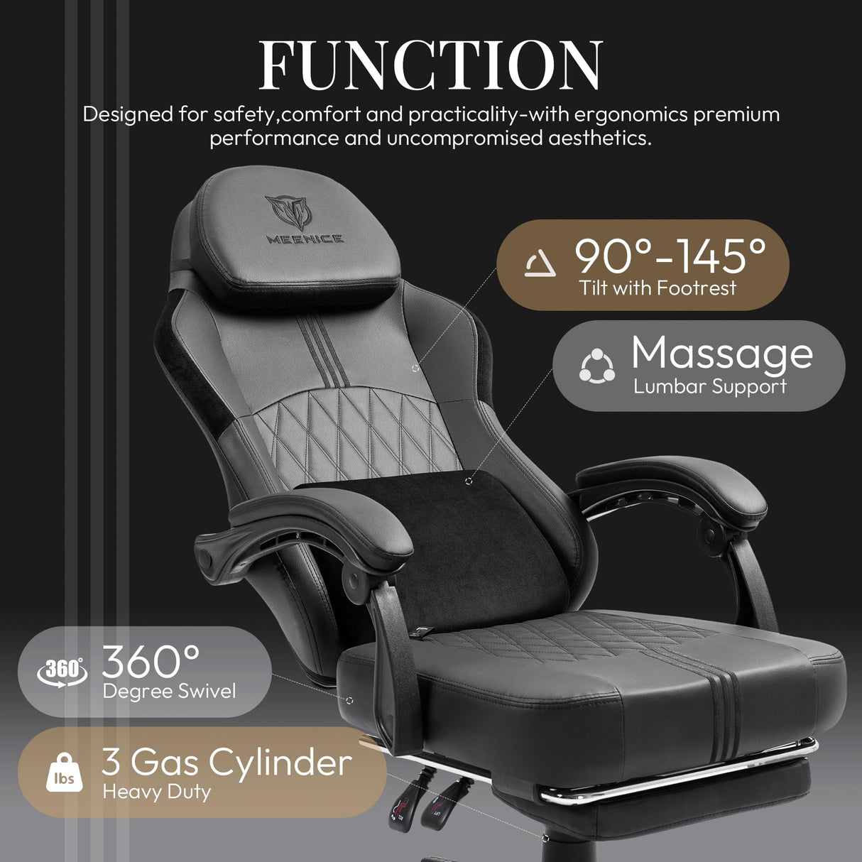 MEENICE Ergonomic Gaming Chair with Pocket Spring Cushion and Breathable Leather, Cooling Gel and Massage Lumbar Support, Adjustable High Back Office Chair for Adults and Kids - Supports up to 300LBS MEENICE