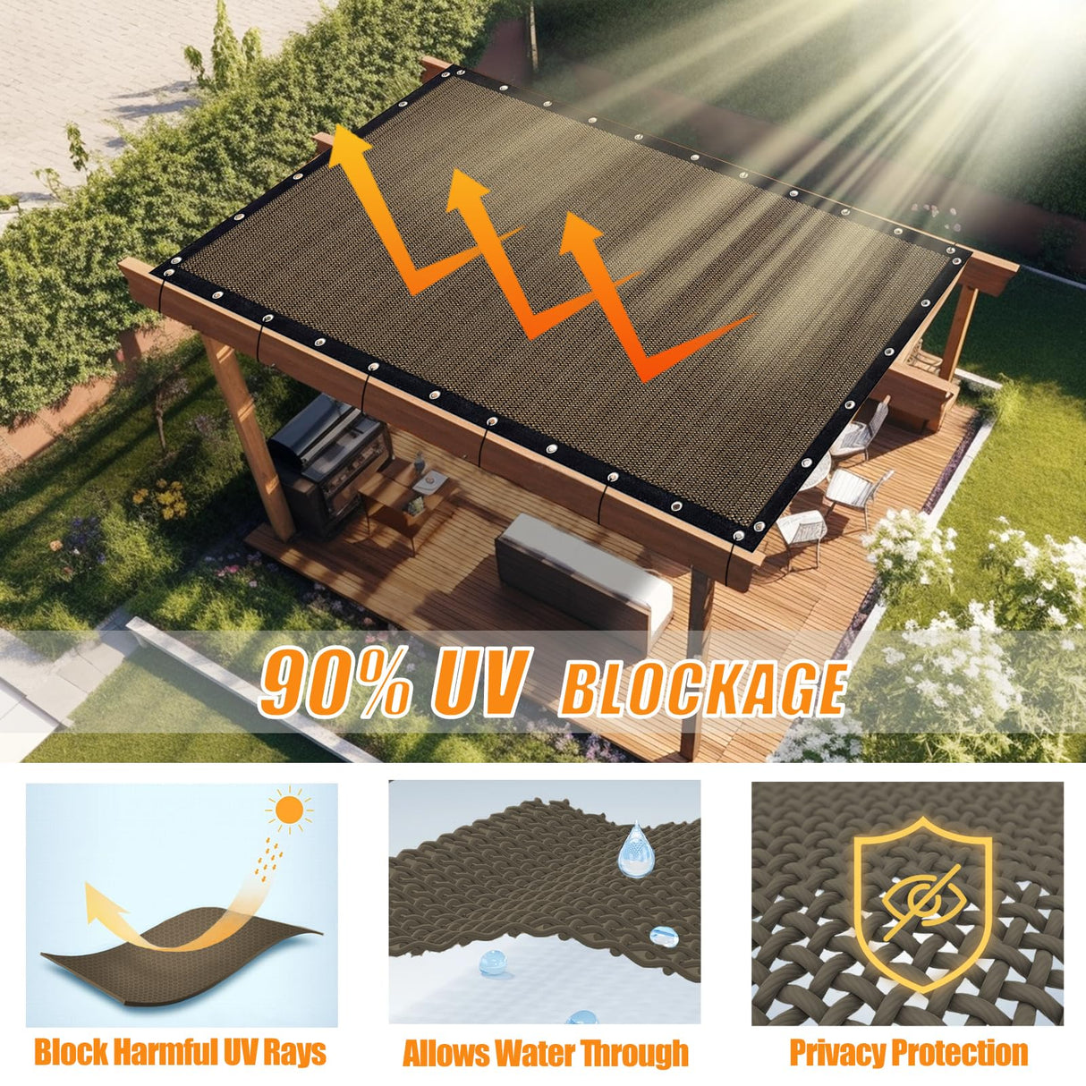 KANAGAWA 90% Sun Shade Cloth 10'X 10' Outdoor Pergola Shade Cover Canopy with Grommets UV Block Privacy Screen for Patio, Backyards, Outdoor, Carport, Garden, Mocha KANAGAWA