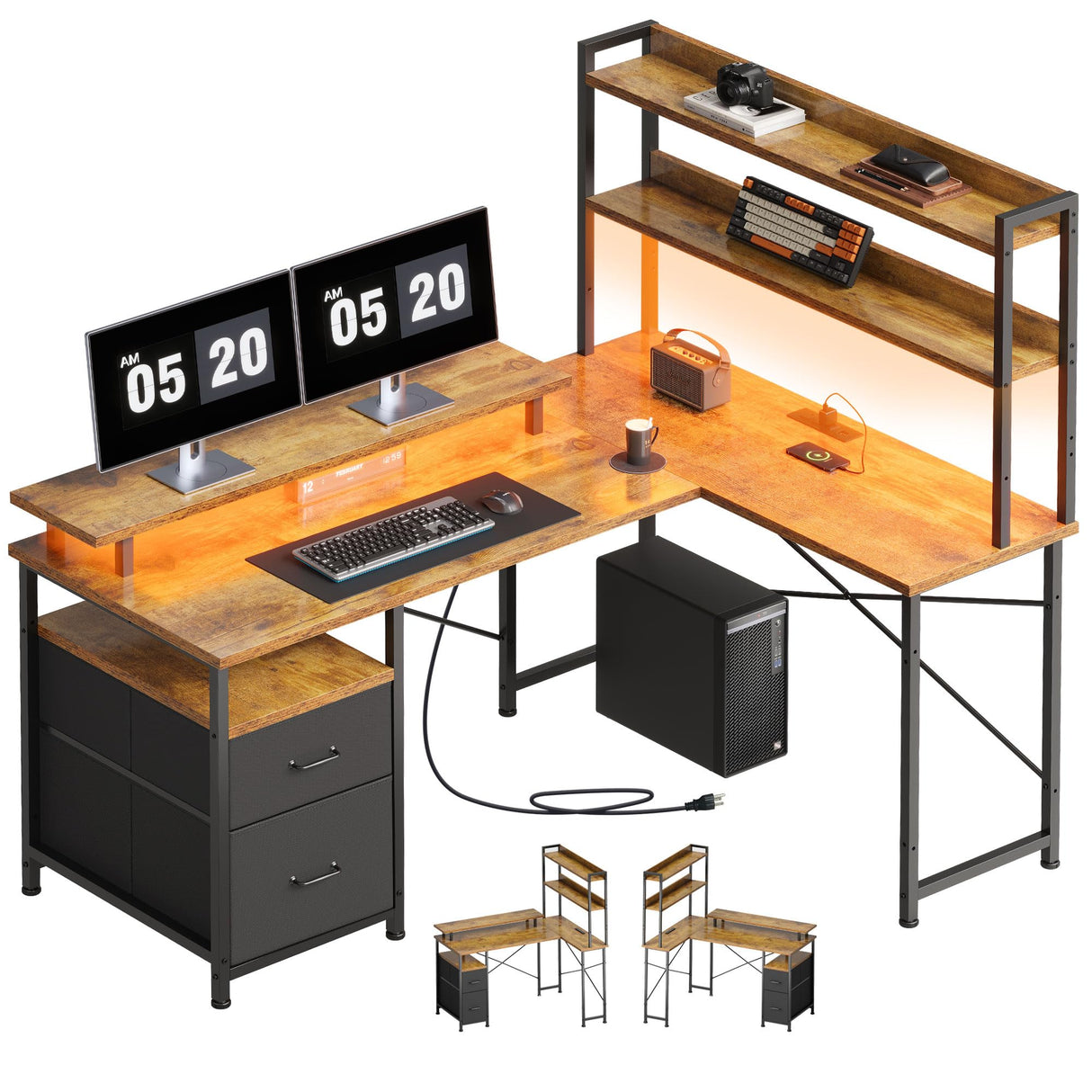 Maihail L Shaped Desk with Shelves,Reversible Computer Desk with LED Lights and Charging Station,Home Office Corner Desk with Monitor Stand,Brown Maihail